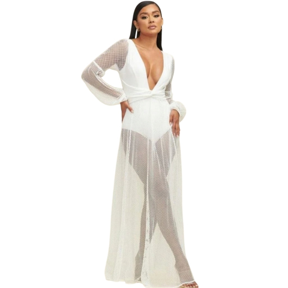 LUXXEL You Adore Nwt White  Longsleeve Mesh Skirt/Sleeves Resortwear Bodysuit